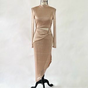 NWT Rose Gold Chainmail Cutout Long Sleeve Tie Back Side Slit Maxi Dress 2